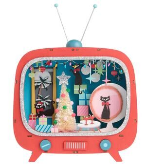 Mid-Century Modern Atomic Cat TV Set Light Up Christmas Decor Laser Cut Wood NEW